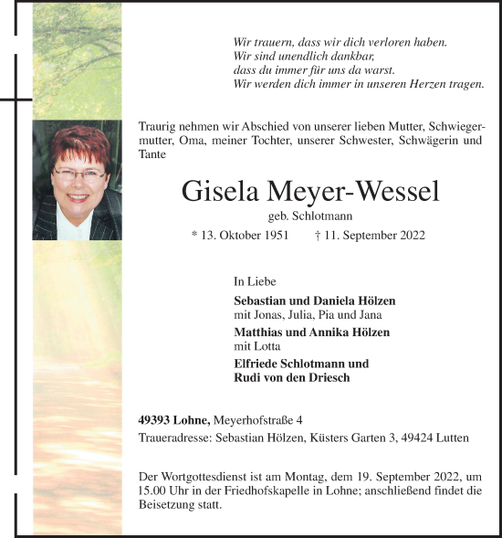 Anzeige von Gisela Meyer-Wessel von OM-Medien
