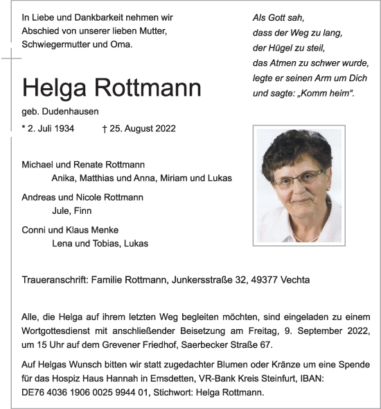 Anzeige von Helga Rottmann von OM-Medien