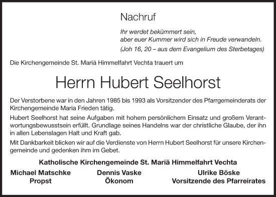 Anzeige von Hubert Seelhorst von OM-Medien