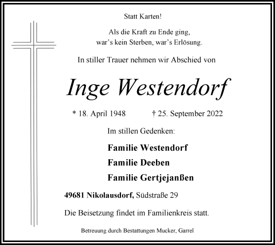 Anzeige von Inge Westendorf von OM-Medien