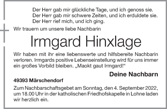Anzeige von Irmgard Hinxlage von OM-Medien