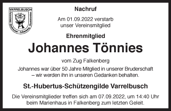 Anzeige von Johannes Tönnies von OM-Medien