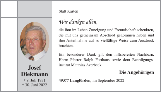 Anzeige von Josef Diekmann von OM-Medien