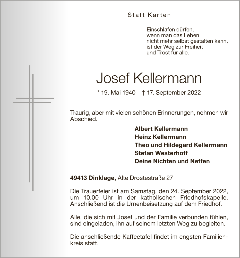  Traueranzeige für Josef Kellermann vom 20.09.2022 aus Oldenburgische Volkszeitung