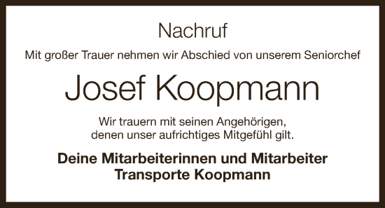 Anzeige von Josef Koopmann von OM-Medien