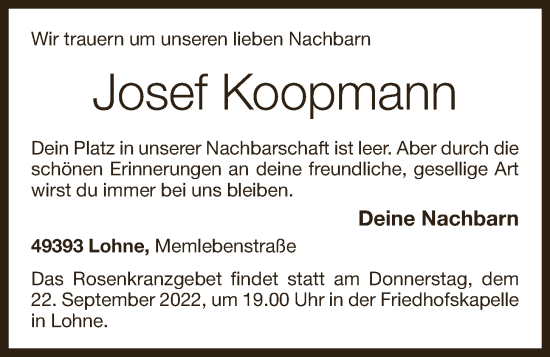 Anzeige von Josef Koopmann von OM-Medien