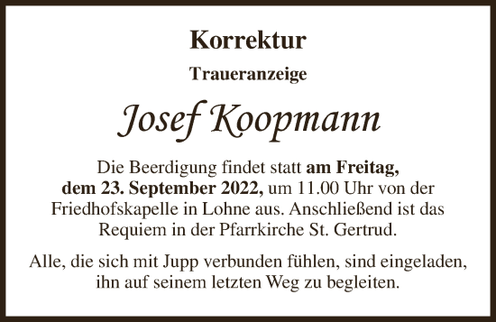 Anzeige von Josef Koopmann von OM-Medien