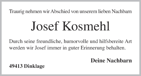 Anzeige von Josef Kosmehl von OM-Medien