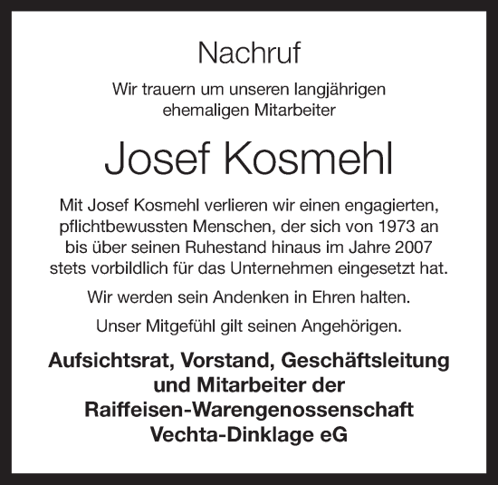 Anzeige von Josef Kosmehl von Oldenburgische Volkszeitung