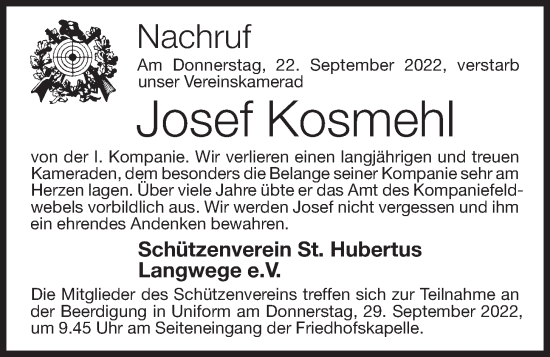 Anzeige von Josef Kosmehl von OM-Medien