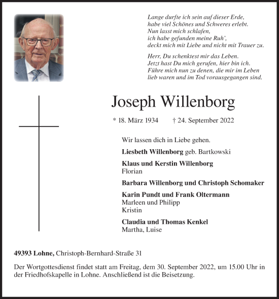 Anzeige von Joseph Willenborg von Oldenburgische Volkszeitung