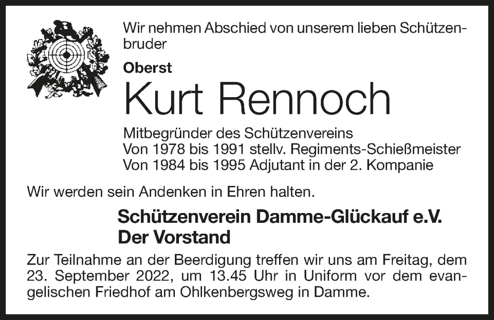  Traueranzeige für Kurt Rennoch vom 22.09.2022 aus Oldenburgische Volkszeitung