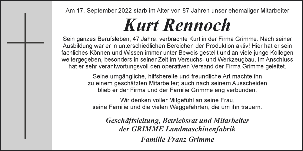  Traueranzeige für Kurt Rennoch vom 22.09.2022 aus Oldenburgische Volkszeitung