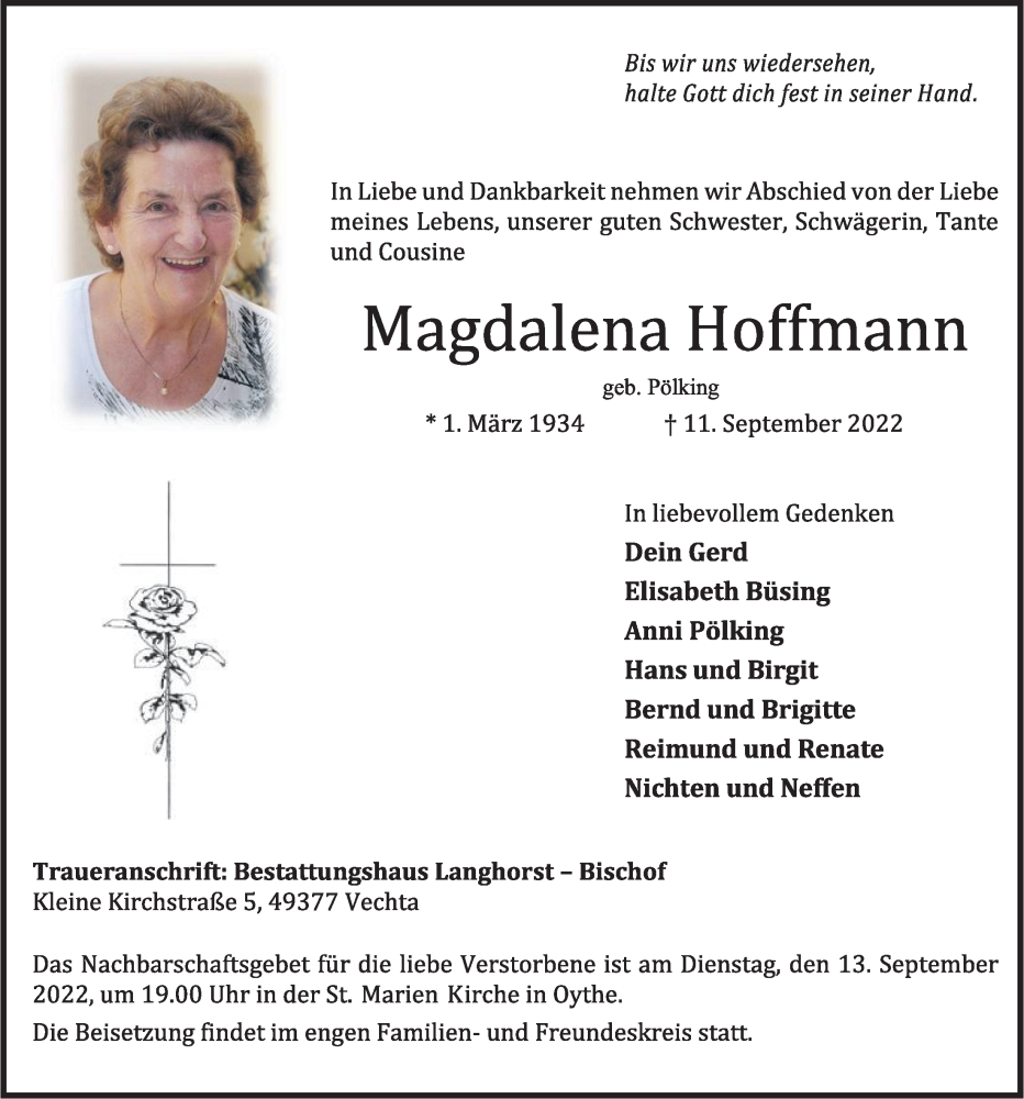  Traueranzeige für Magdalena Hoffmann vom 13.09.2022 aus OM-Medien