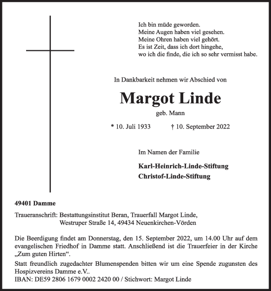 Anzeige von Margot Linde von OM-Medien