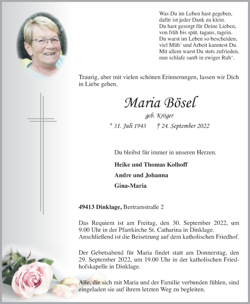  Traueranzeige für Maria Bösel vom 26.09.2022 aus OM-Medien