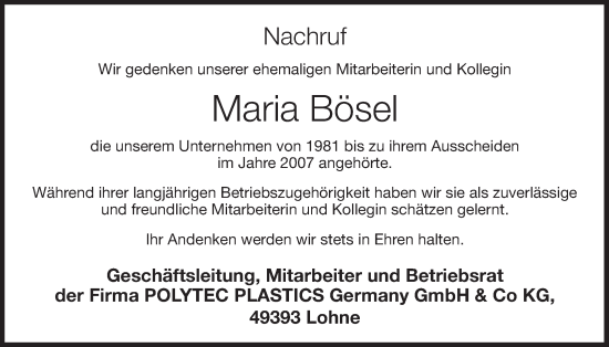 Anzeige von Maria Bösel von Oldenburgische Volkszeitung