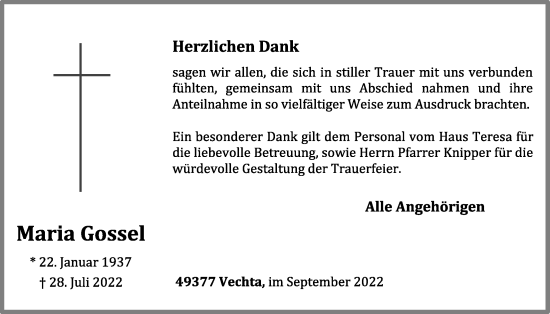 Anzeige von Maria Gossel von OM-Medien