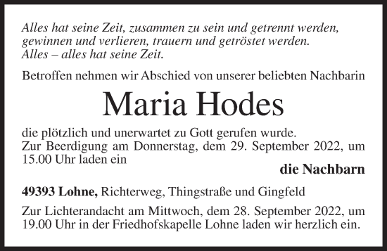 Anzeige von Maria Hodes von Oldenburgische Volkszeitung