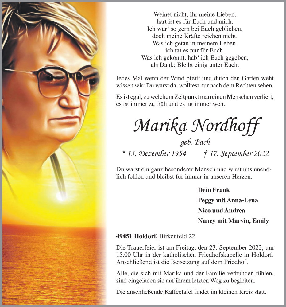  Traueranzeige für Marika Nordhoff vom 19.09.2022 aus Oldenburgische Volkszeitung
