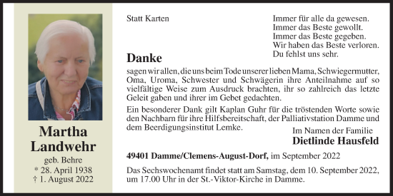 Anzeige von Martha Landwehr von OM-Medien