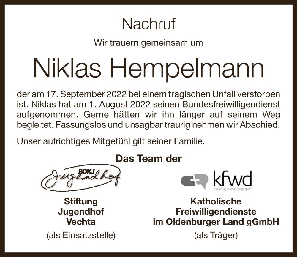  Traueranzeige für Niklas Hempelmann vom 23.09.2022 aus Oldenburgische Volkszeitung