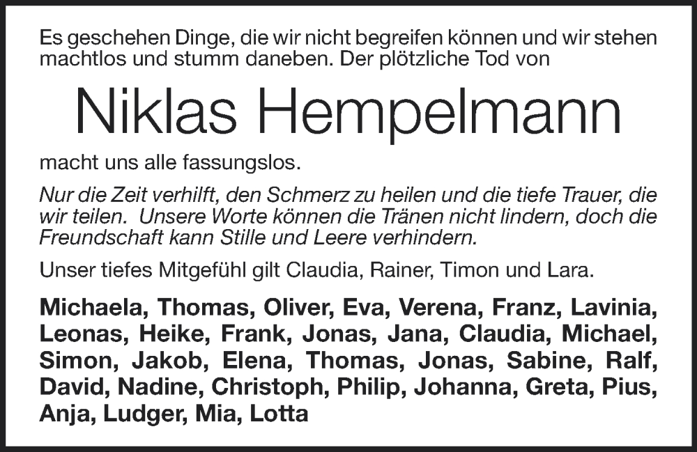  Traueranzeige für Niklas Hempelmann vom 22.09.2022 aus Oldenburgische Volkszeitung