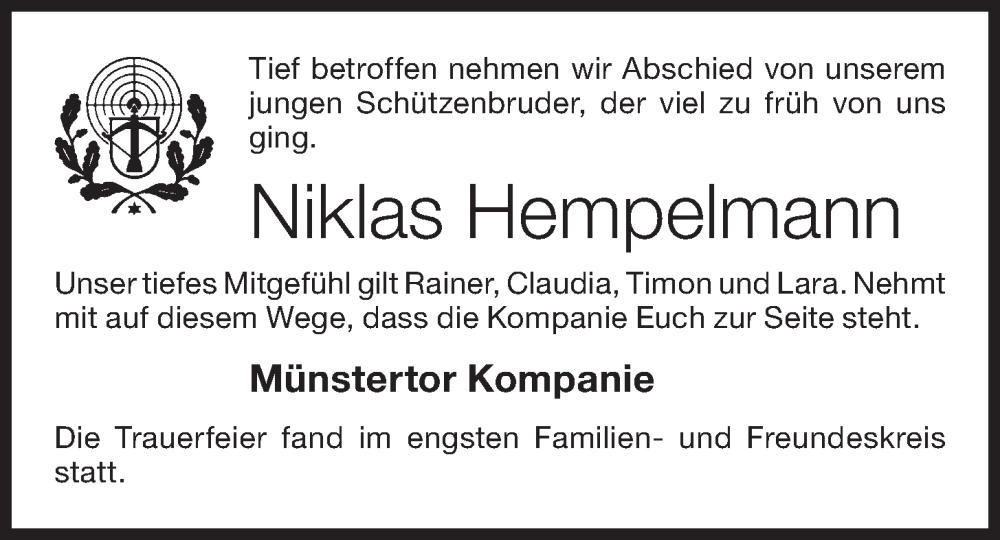  Traueranzeige für Niklas Hempelmann vom 29.09.2022 aus Oldenburgische Volkszeitung
