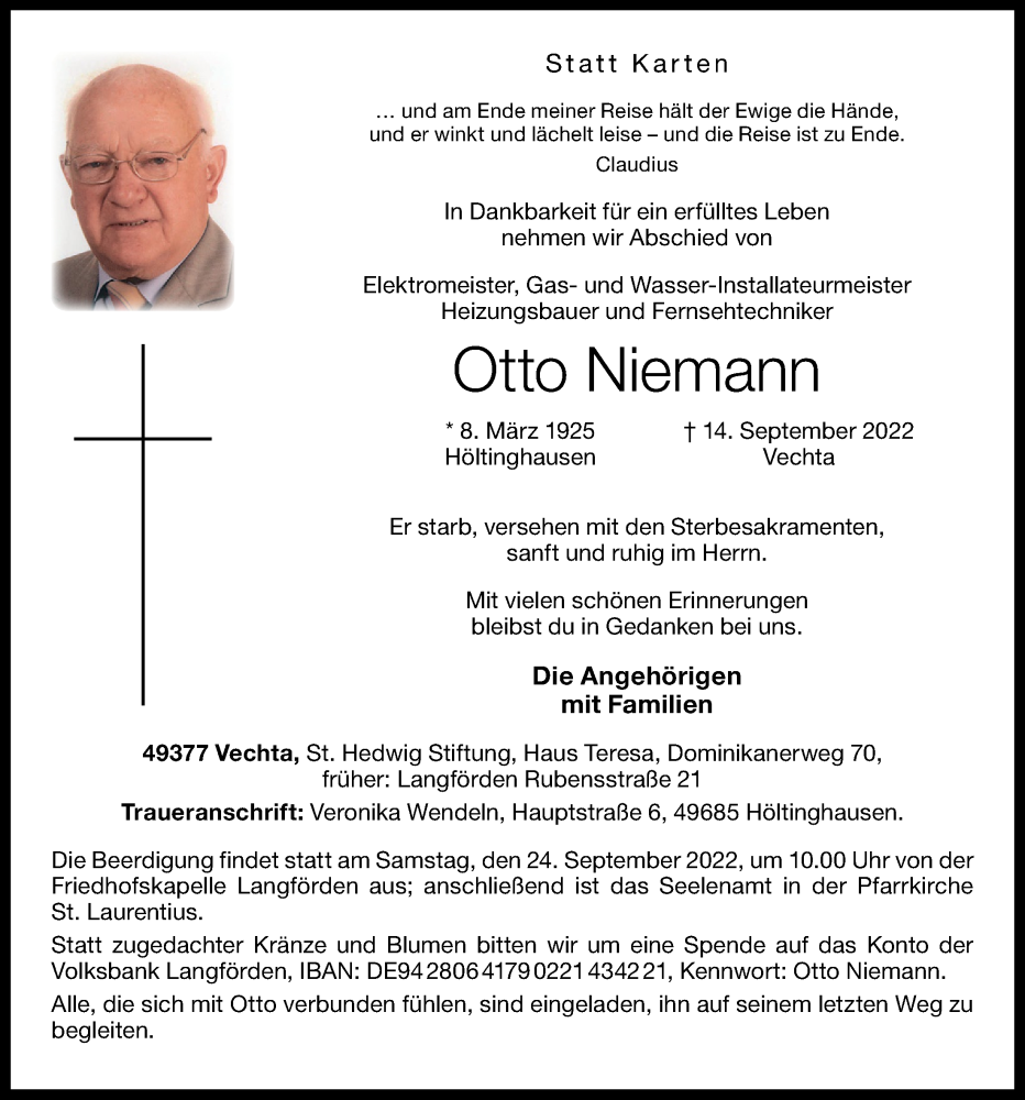  Traueranzeige für Otto Niemann vom 21.09.2022 aus OM-Medien