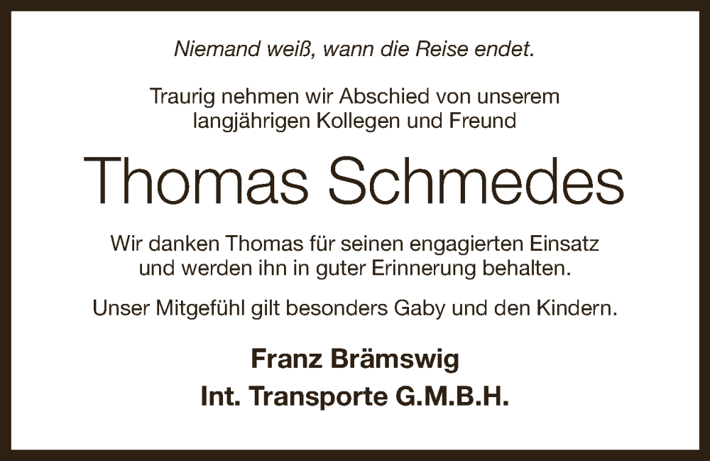 Traueranzeige für Thomas Schmedes vom 20.09.2022 aus Oldenburgische Volkszeitung