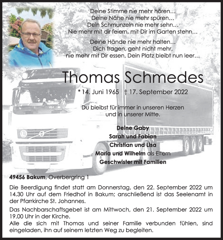  Traueranzeige für Thomas Schmedes vom 19.09.2022 aus Oldenburgische Volkszeitung