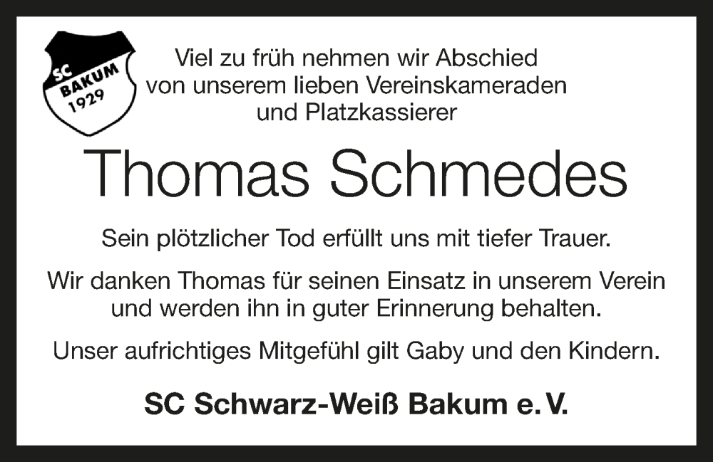  Traueranzeige für Thomas Schmedes vom 20.09.2022 aus OM-Medien