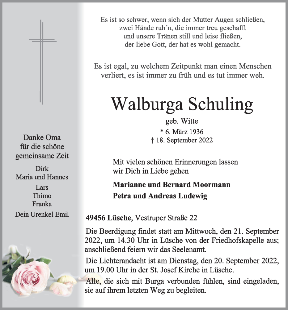  Traueranzeige für Walburga Schuling vom 19.09.2022 aus Oldenburgische Volkszeitung