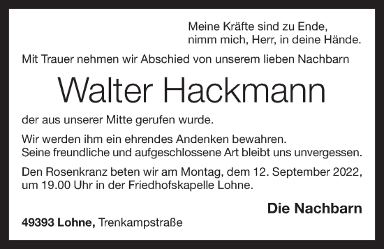Anzeige von Walter Hackmann von OM-Medien