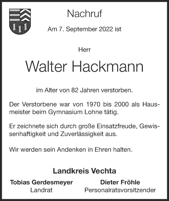 Anzeige von Walter Hackmann von OM-Medien