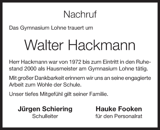 Anzeige von Walter Hackmann von OM-Medien