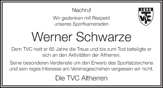 Anzeige von Werner Schwarze von OM-Medien