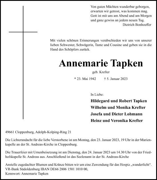 Anzeige von Annemarie Tapken von OM-Medien