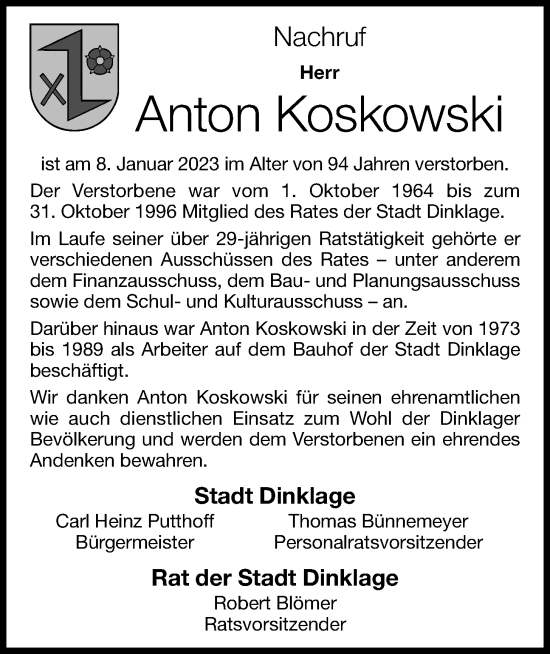 Anzeige von Anton Koskowski von OM-Medien