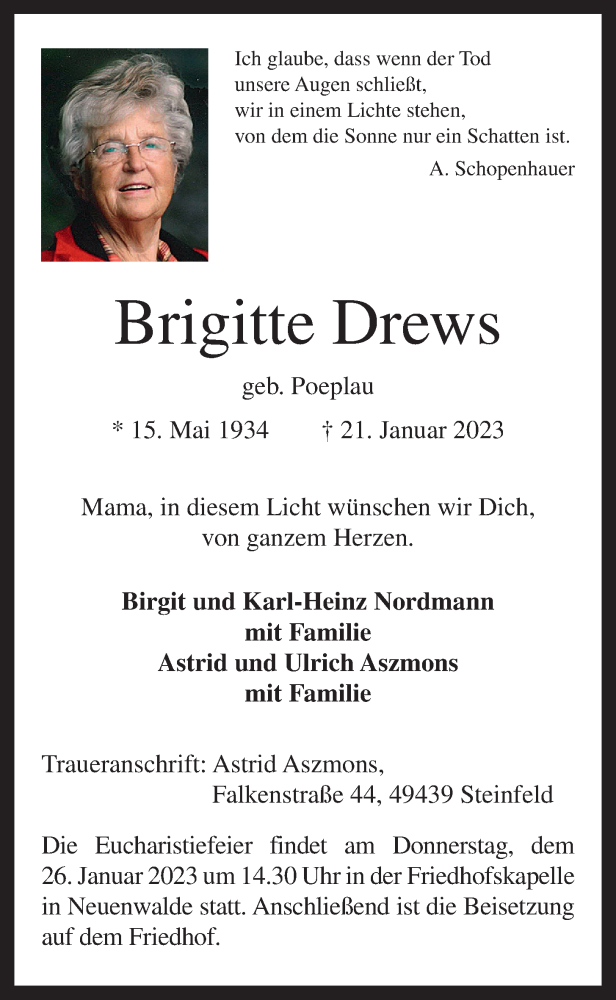  Traueranzeige für Brigitte Drews vom 23.01.2023 aus OM-Medien