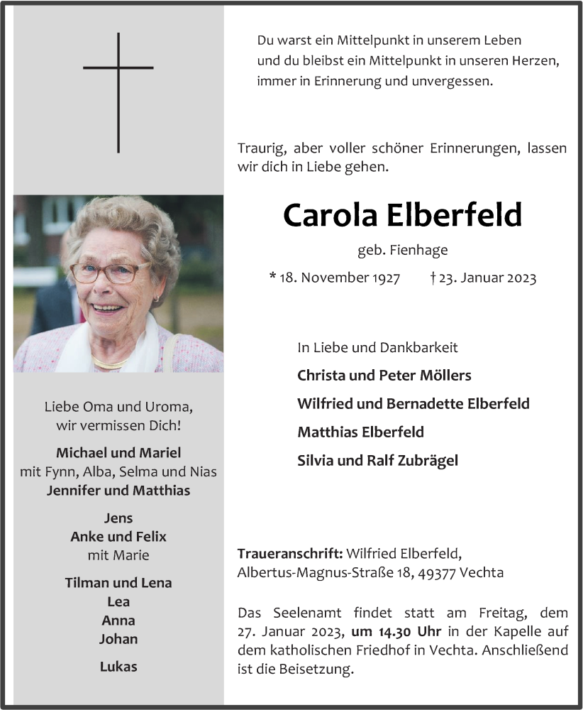  Traueranzeige für Carola Elberfeld vom 25.01.2023 aus OM-Medien