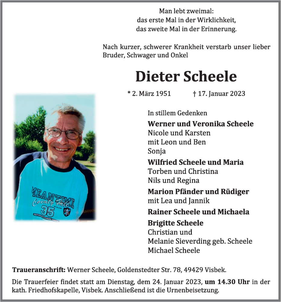 Traueranzeige für Dieter Scheele vom 19.01.2023 aus OM-Medien