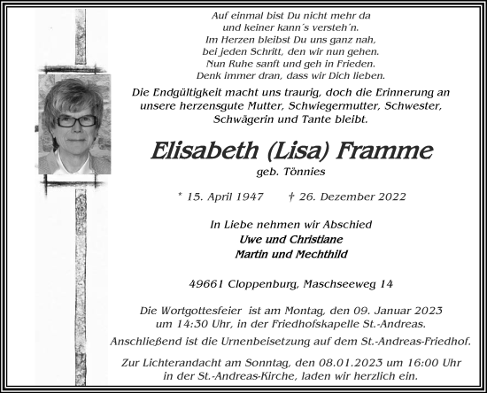 Anzeige von Elisabeth Framme von OM-Medien