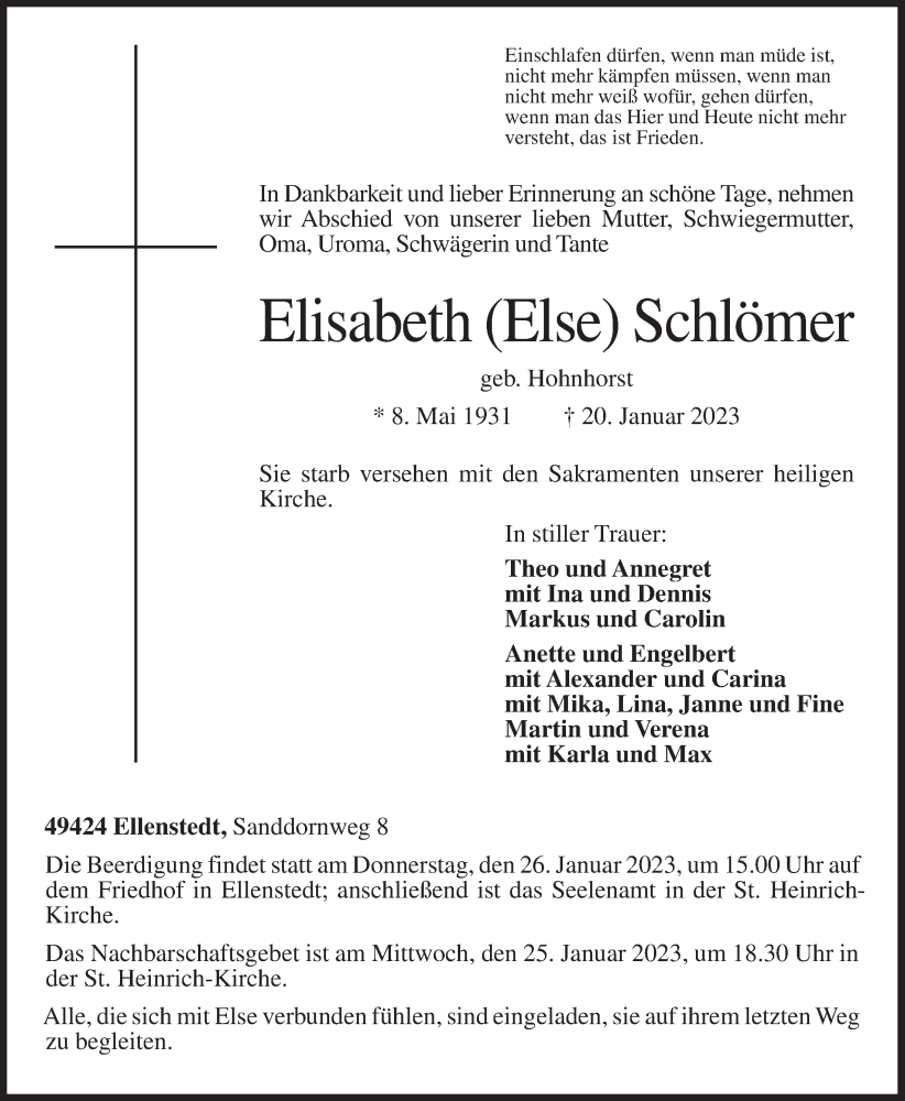  Traueranzeige für Elisabeth Schlömer vom 23.01.2023 aus OM-Medien