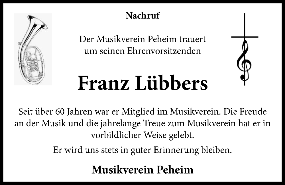  Traueranzeige für Franz Lübbers vom 24.01.2023 aus OM-Medien