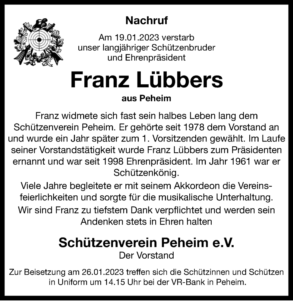  Traueranzeige für Franz Lübbers vom 25.01.2023 aus OM-Medien