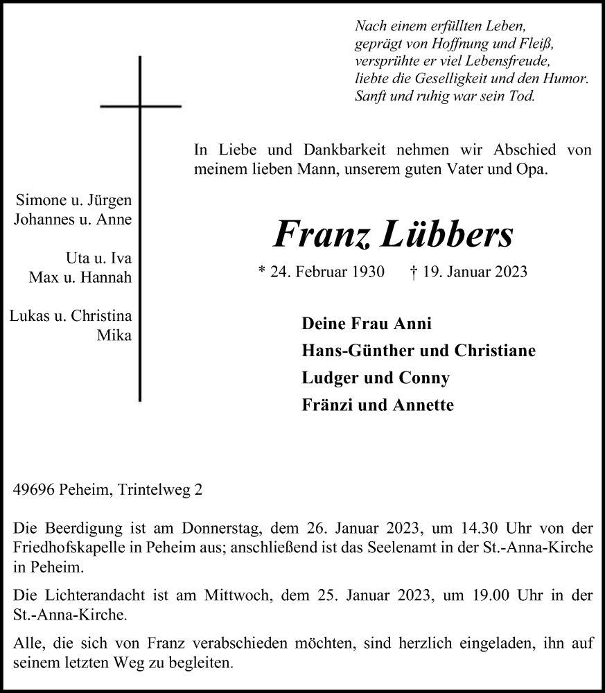  Traueranzeige für Franz Lübbers vom 21.01.2023 aus OM-Medien