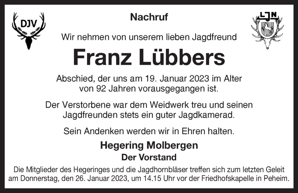  Traueranzeige für Franz Lübbers vom 23.01.2023 aus OM-Medien
