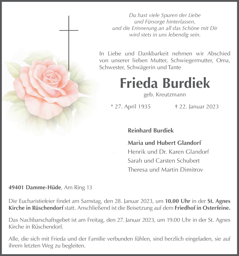  Traueranzeige für Frieda Burdiek vom 24.01.2023 aus OM-Medien