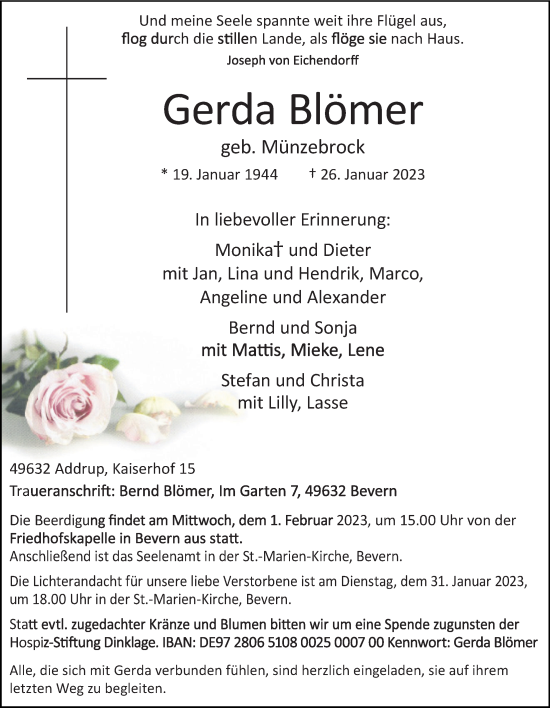 Anzeige von Gerda Blömer von OM-Medien